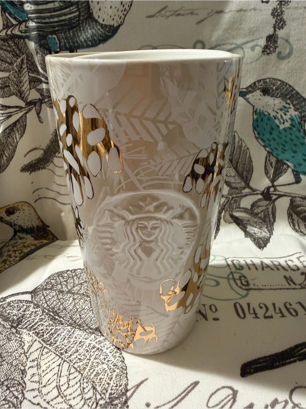 Starbucks White Ceramic Tumbler with Gold Leaf Accents